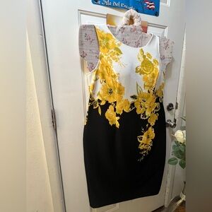 Chic Yellow Floral Black Midi Dress